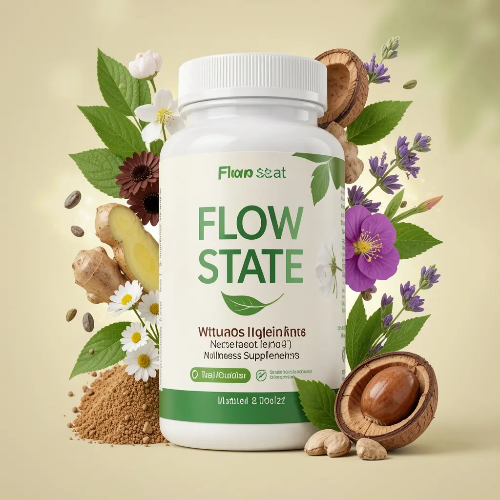 Flow State wellness supplement bottle with natural ingredients visualization